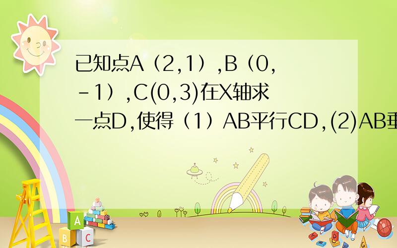 已知点A（2,1）,B（0,-1）,C(0,3)在X轴求一点D,使得（1）AB平行CD,(2)AB垂直于CD