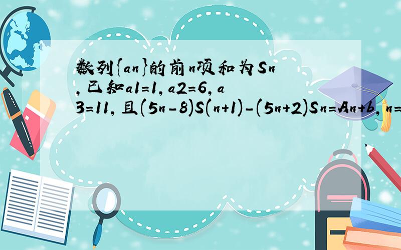 数列{an}的前n项和为Sn,已知a1=1,a2=6,a3=11,且(5n-8)S(n+1)-(5n+2)Sn=An+b,n=1, 数列{an}的前n项和为Sn1）求A与B的值；（2）证明：数列{an}为等差数列；（3）证明：不等式根号5amn-根号aman>1对任何正整数m,n
