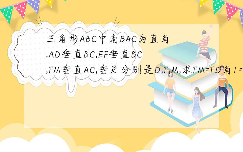 三角形ABC中角BAC为直角,AD垂直BC,EF垂直BC,FM垂直AC,垂足分别是D,F,M,求FM=FD角1=角2