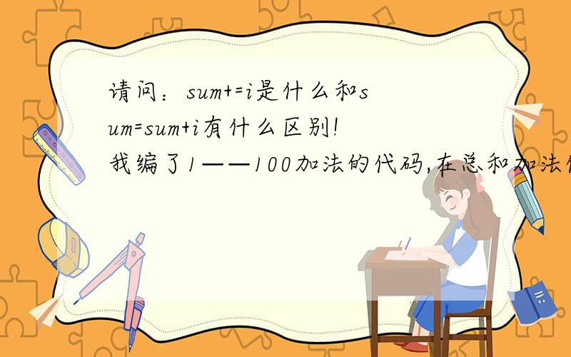 请问：sum+=i是什么和sum=sum+i有什么区别!我编了1——100加法的代码,在总和加法代码,为什么“sum+=i”和“sum=sum+i”实现的结果不一样啊?“sum+=i”结果是4139,而“sum=sum+i”才是正确答案!到底有