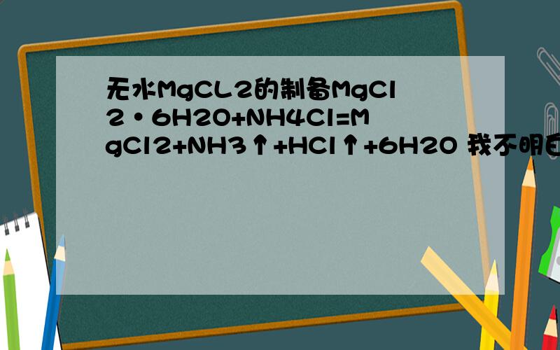 无水MgCL2的制备MgCl2·6H2O+NH4Cl=MgCl2+NH3↑+HCl↑+6H2O 我不明白为什么可以反应,MgCl2·6H2O=MgCl2↑+6H2O（加热）,这个反应受水解影响,所以不能直接加热.NH4Cl=NH3↑+HCl↑但为什么加了NH4Cl就可以呢?是因