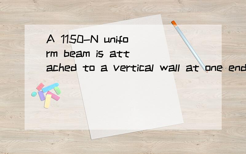 A 1150-N uniform beam is attached to a vertical wall at one end and is supported by a cable at the other end.A W = 1920-N crate hangs from the far end of the beam.(a) Using the data shown in the drawing,find the magnitude of the tension in the wire.(
