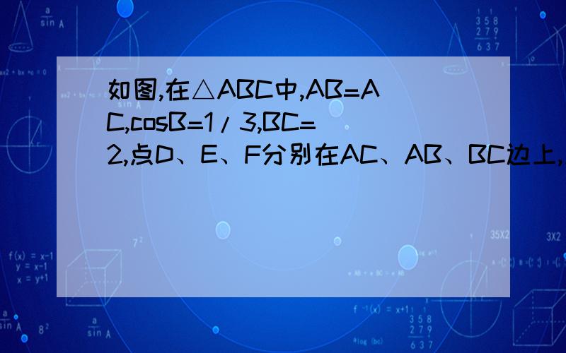 如图,在△ABC中,AB=AC,cosB=1/3,BC=2,点D、E、F分别在AC、AB、BC边上,△BEF沿直线EF翻折后与△DEF重