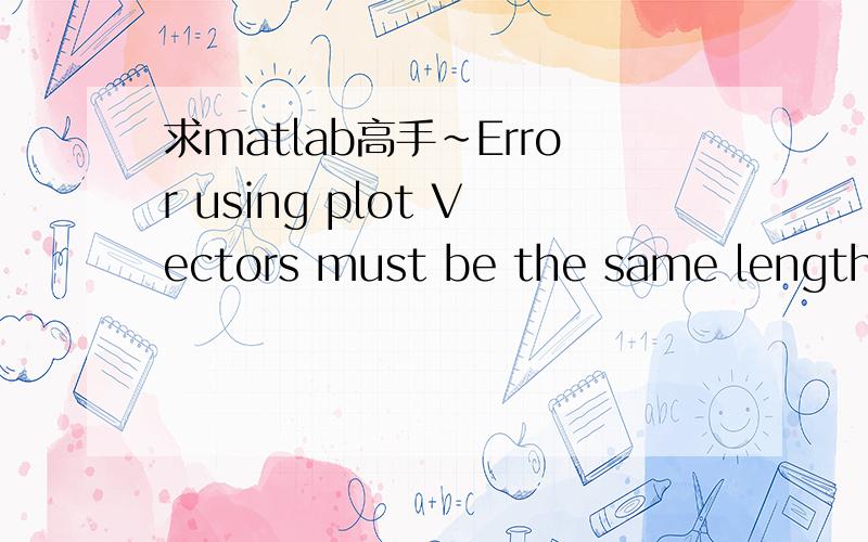 求matlab高手~Error using plot Vectors must be the same lengths问题代码如下：w=0:0.05:20;f0=[500 1000 2000 4000 8000];for m=1:5;for n=1:400;y(m,n)=pinx(f0(m),w(n));endendsubplot(2,3,1),plot(w,20*log10(abs(y(1,:)))),xlabel('f0=0.5kHz');为啥