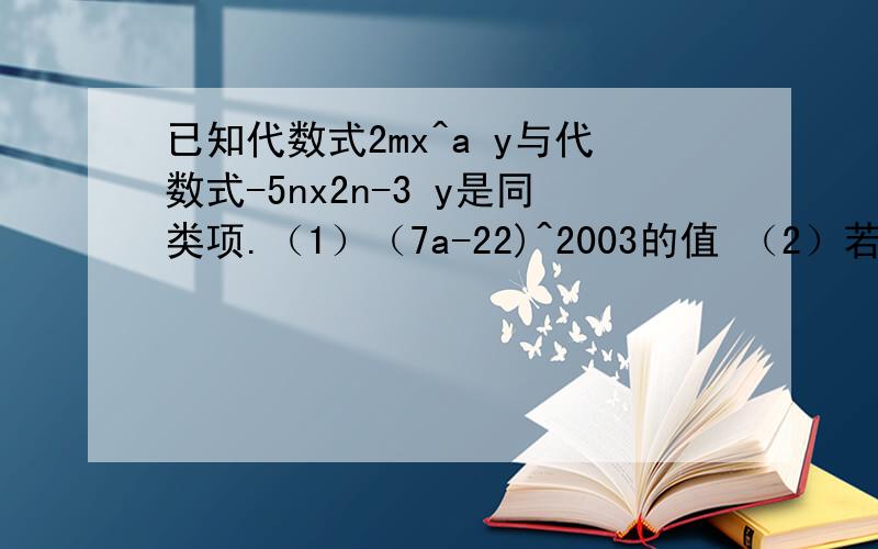 已知代数式2mx^a y与代数式-5nx2n-3 y是同类项.（1）（7a-22)^2003的值 （2）若(2mx^a y-5nx^2n-3 y)=0,且xy≠0,求（2m-5n)^2003的值