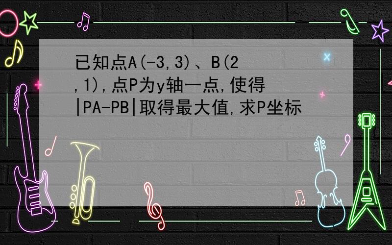 已知点A(-3,3)、B(2,1),点P为y轴一点,使得|PA-PB|取得最大值,求P坐标