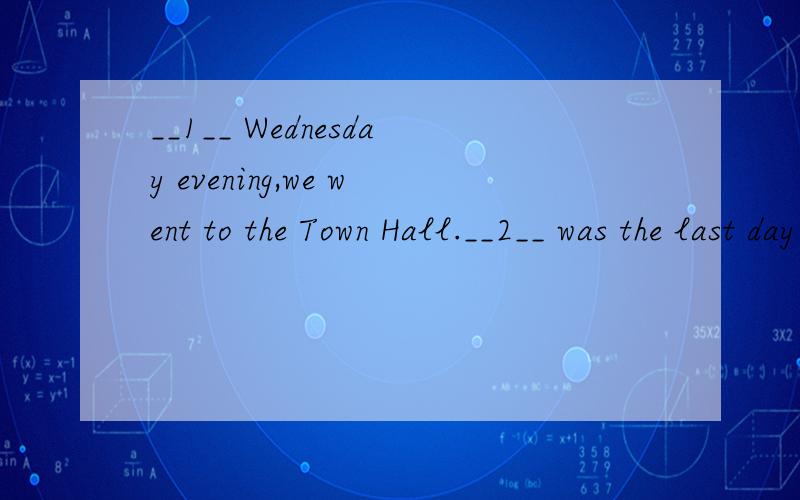 __1__ Wednesday evening,we went to the Town Hall.__2__ was the last day of the year and a large __3__ of people had gathered under the Town Hall clock.It would strike __4__( twelve ) in twenty __5__ time.Fifteen minutes passed and then,at five __6__