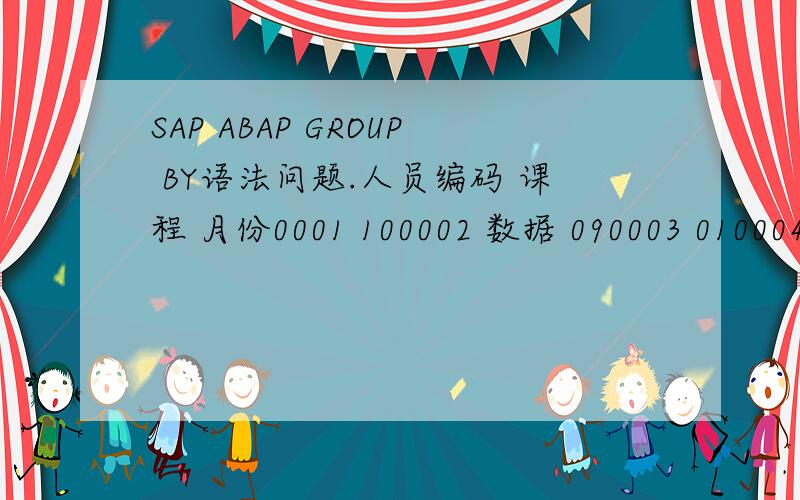 SAP ABAP GROUP BY语法问题.人员编码 课程 月份0001 100002 数据 090003 010004 12×---------------------------------------------------------------------×这样的一组数据.如果用group by这个语法我该如何去相同课程的最
