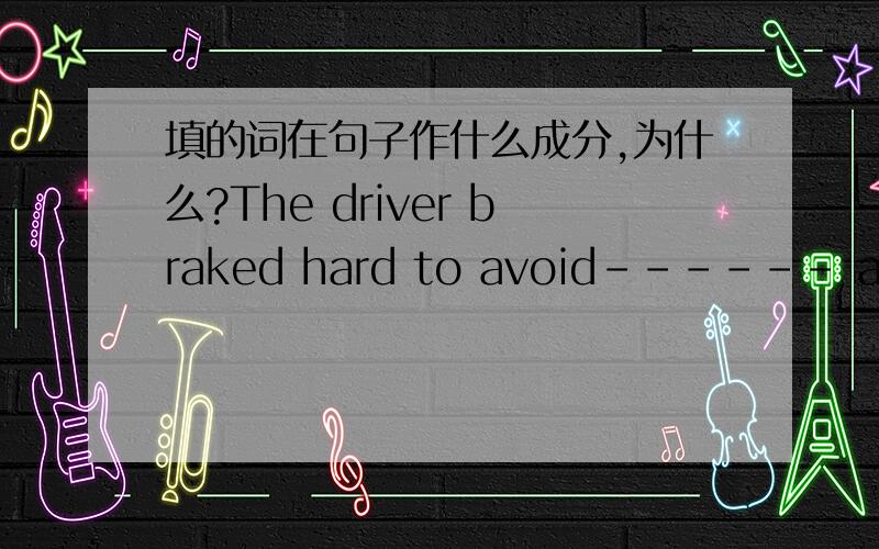 填的词在句子作什么成分,为什么?The driver braked hard to avoid------ a child coming in his way .A.hit B to hit C hitting D to have hit答案说（此处谓语动词avoid后面要跟动名词作定语）