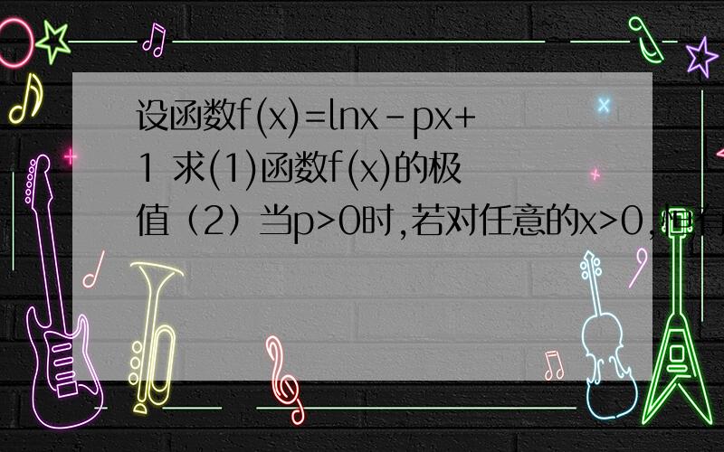 设函数f(x)=㏑x-px+1 求(1)函数f(x)的极值（2）当p>0时,若对任意的x>0,恒有f（x）≤0,求p的取值范围
