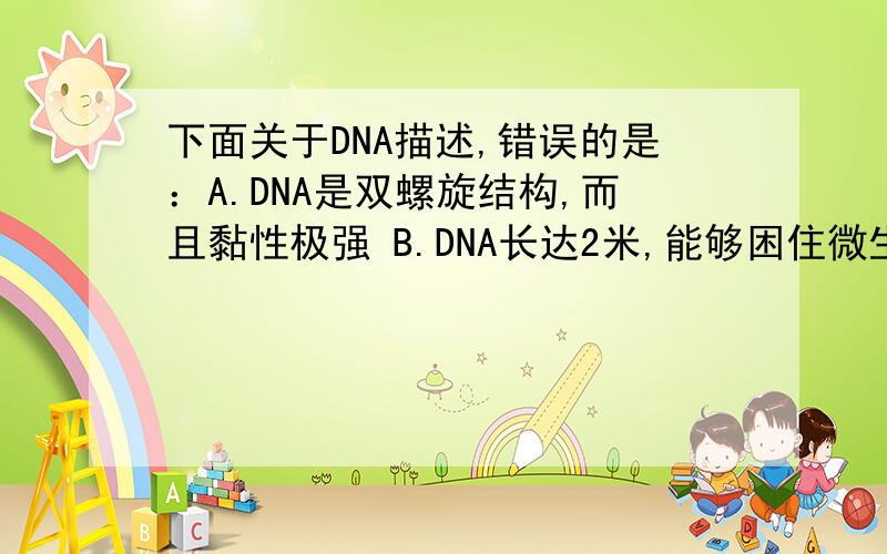 下面关于DNA描述,错误的是：A.DNA是双螺旋结构,而且黏性极强 B.DNA长达2米,能够困住微生物 C.DNA是遗下面关于DNA描述,错误的是：A.DNA是双螺旋结构,而且黏性极强 B.DNA长达2米,能够困住微生物C.DN