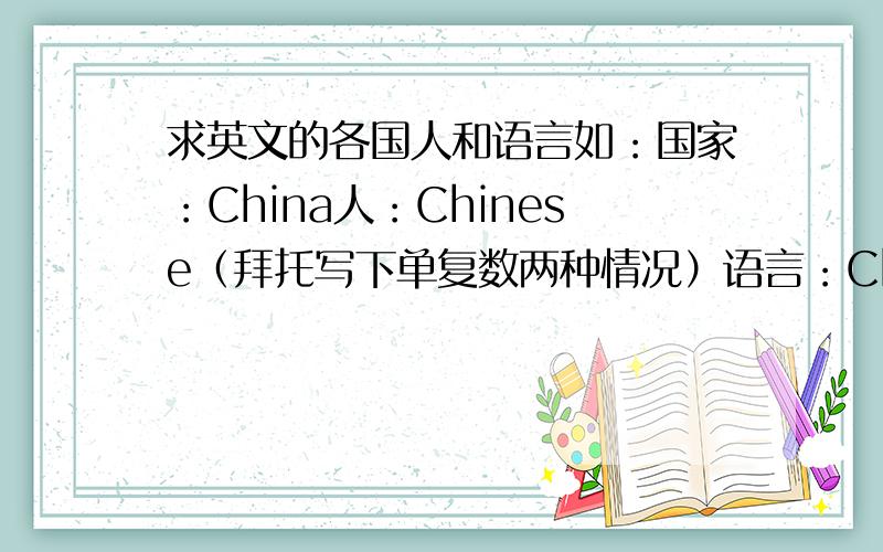 求英文的各国人和语言如：国家：China人：Chinese（拜托写下单复数两种情况）语言：Chinese