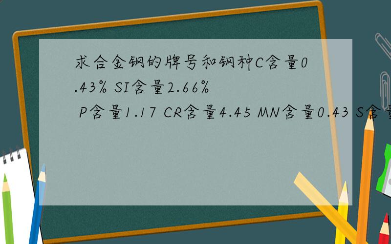 求合金钢的牌号和钢种C含量0.43% SI含量2.66% P含量1.17 CR含量4.45 MN含量0.43 S含量0.009 没有W