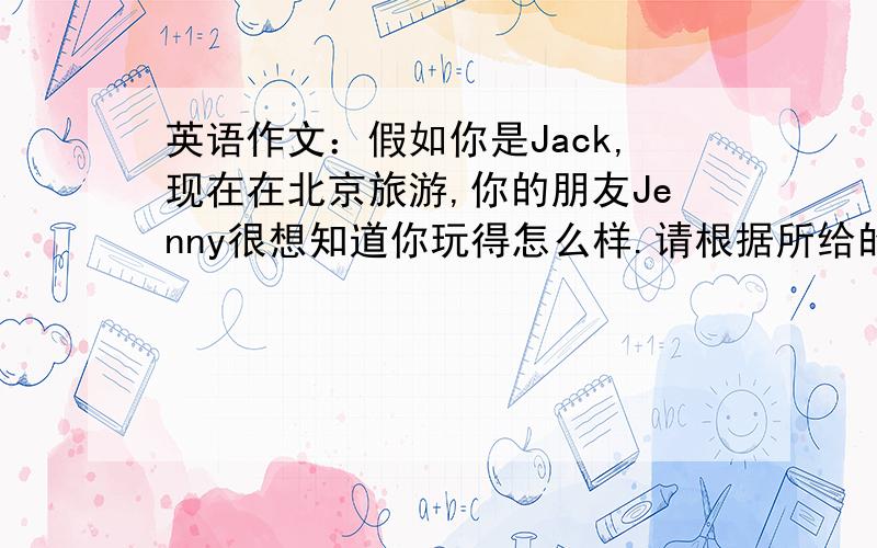 英语作文：假如你是Jack,现在在北京旅游,你的朋友Jenny很想知道你玩得怎么样.请根据所给的提示给他发个电子邮件,把你的情况告诉他.要求：内弄包括旅游的地方、购物的情况、返回的时间