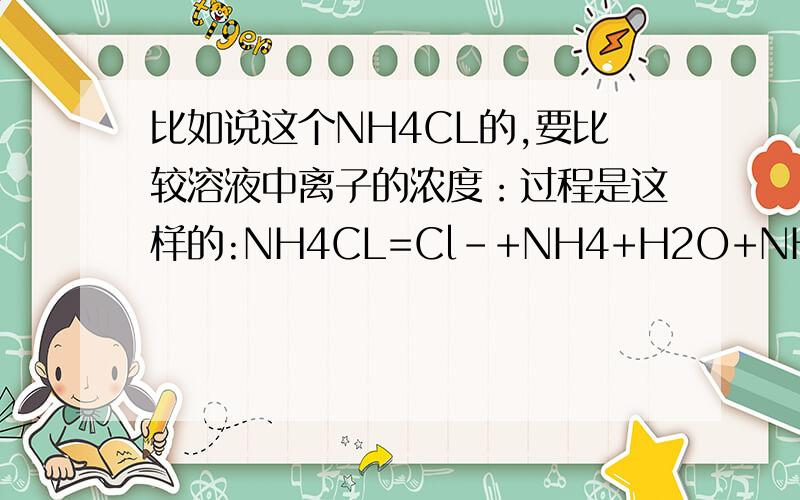 比如说这个NH4CL的,要比较溶液中离子的浓度：过程是这样的:NH4CL=Cl-+NH4+H2O+NH4+=NH3H2O+H+我不明白的是为什么还要写水的电离方程式?NH4+的水解的方程式不是已经包括了水电离的方程式了吗,那H2O=
