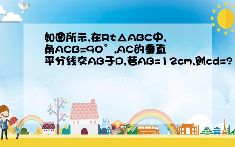 如图所示,在Rt△ABC中,角ACB=90°,AC的垂直平分线交AB于D,若AB=12cm,则cd=?