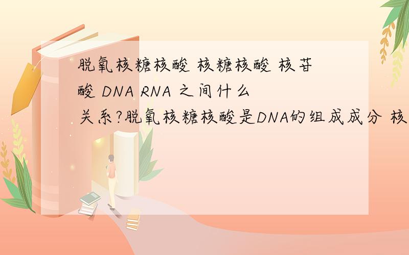脱氧核糖核酸 核糖核酸 核苷酸 DNA RNA 之间什么关系?脱氧核糖核酸是DNA的组成成分 核糖核酸是RNA的组成成分 核苷酸包括脱氧核糖核酸和核糖核酸 但是书上又说核苷酸组成DNA 那么他们到底是