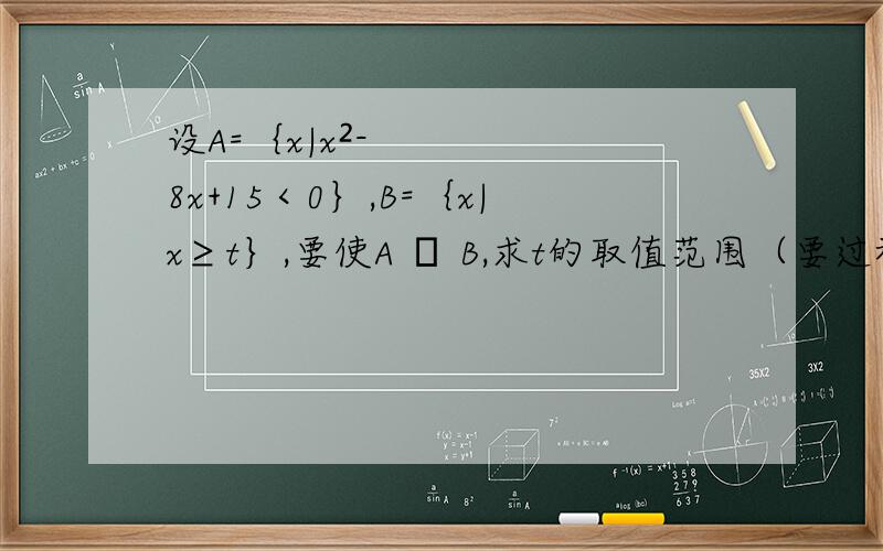 设A=｛x|x²-8x+15＜0｝,B=｛x|x≥t｝,要使A ⊆ B,求t的取值范围（要过程）