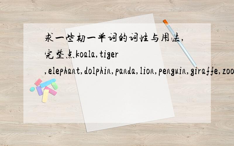 求一些初一单词的词性与用法,完整点koala,tiger,elephant,dolphin,panda,lion,penguin,giraffe,zoocute,map,smart