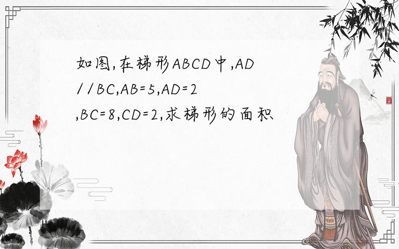 如图,在梯形ABCD中,AD//BC,AB=5,AD=2,BC=8,CD=2,求梯形的面积