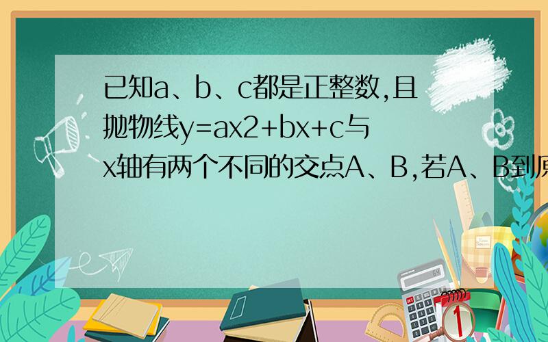 已知a、b、c都是正整数,且抛物线y=ax2+bx+c与x轴有两个不同的交点A、B,若A、B到原点的距离都小于1,求a+b+c的最小值．我找到答案了：据题意，方程ax2+bx+c=0有两个相异根，都在(1，0)中，故