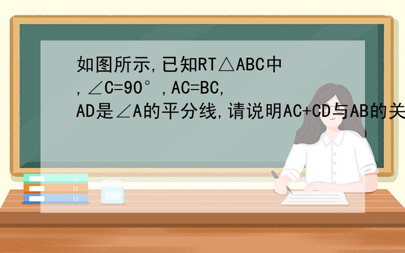 如图所示,已知RT△ABC中,∠C=90°,AC=BC,AD是∠A的平分线,请说明AC+CD与AB的关系