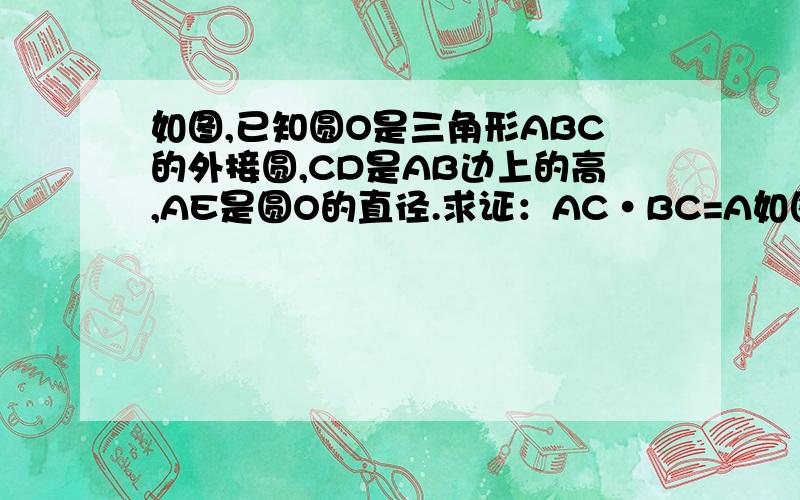 如图,已知圆O是三角形ABC的外接圆,CD是AB边上的高,AE是圆O的直径.求证：AC•BC=A如图,已知圆O是三角形ABC的外接圆,CD是AB边上的高,AE是圆O的直径.求证： AC•BC=AE•CD