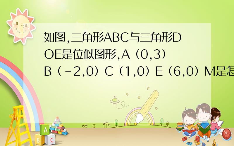 如图,三角形ABC与三角形DOE是位似图形,A（0,3）B（-2,0）C（1,0）E（6,0）M是怎么求出来的