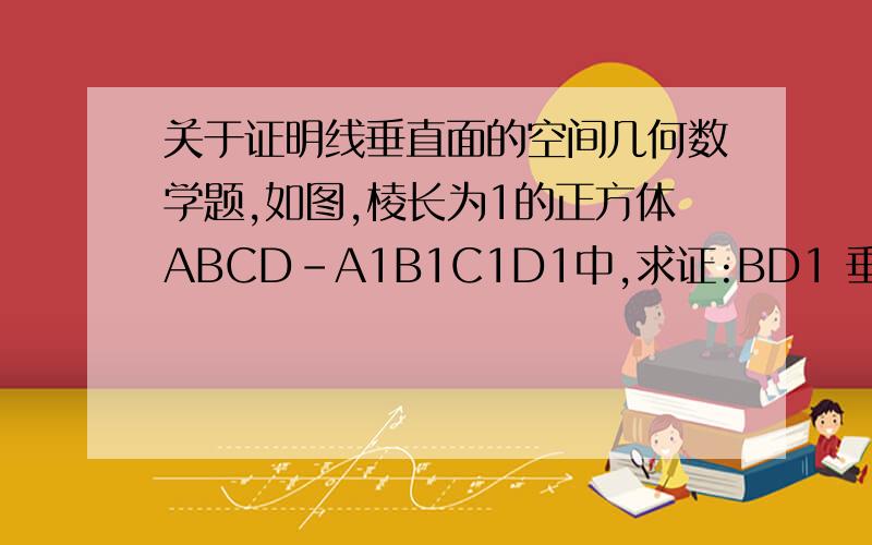 关于证明线垂直面的空间几何数学题,如图,棱长为1的正方体ABCD-A1B1C1D1中,求证:BD1 垂直于 平面ACB1.