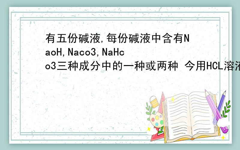 有五份碱液,每份碱液中含有NaoH,Naco3,NaHco3三种成分中的一种或两种 今用HCL溶液滴定,以酚酞为指示剂