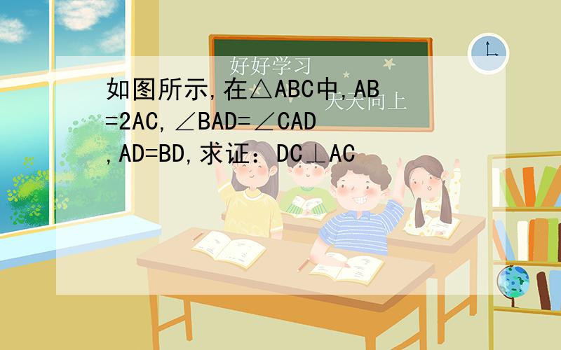 如图所示,在△ABC中,AB=2AC,∠BAD=∠CAD,AD=BD,求证：DC⊥AC