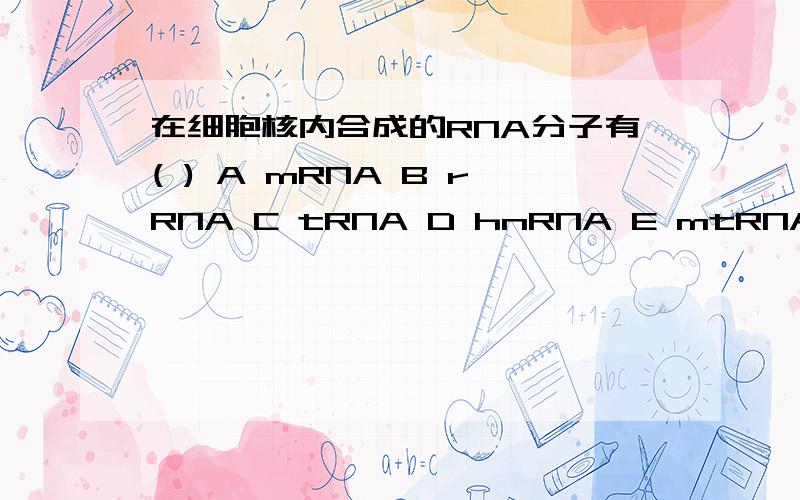 在细胞核内合成的RNA分子有( ) A mRNA B rRNA C tRNA D hnRNA E mtRNA在细胞核内合成的RNA分子有（ ） A mRNA B rRNA C tRNA D hnRNA E mtRNA多选题