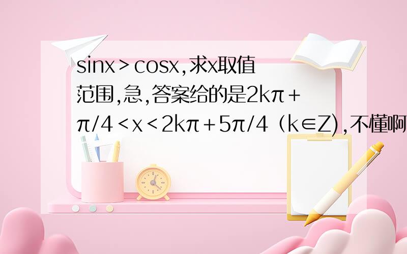sinx＞cosx,求x取值范围,急,答案给的是2kπ＋π/4＜x＜2kπ＋5π/4（k∈Z),不懂啊,