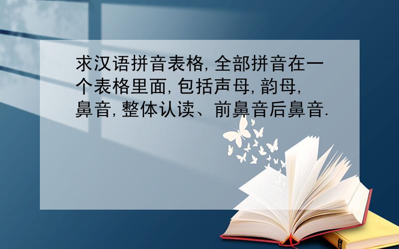 求汉语拼音表格,全部拼音在一个表格里面,包括声母,韵母,鼻音,整体认读、前鼻音后鼻音.