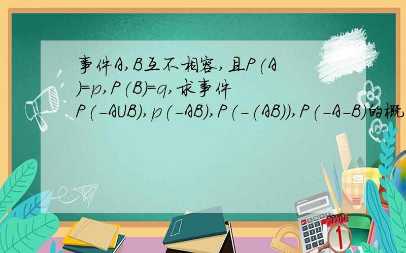 事件A,B互不相容,且P(A)=p,P(B)=q,求事件P(-AUB),p(-AB),P(-(AB)),P(-A-B)的概率,