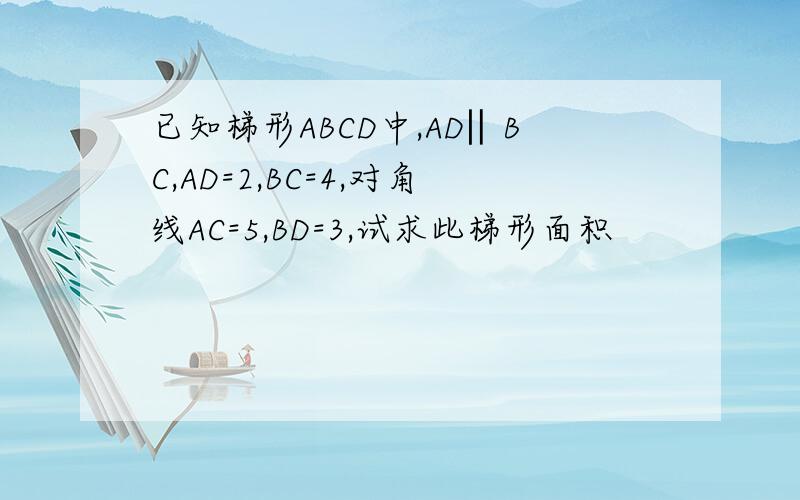 已知梯形ABCD中,AD‖BC,AD=2,BC=4,对角线AC=5,BD=3,试求此梯形面积