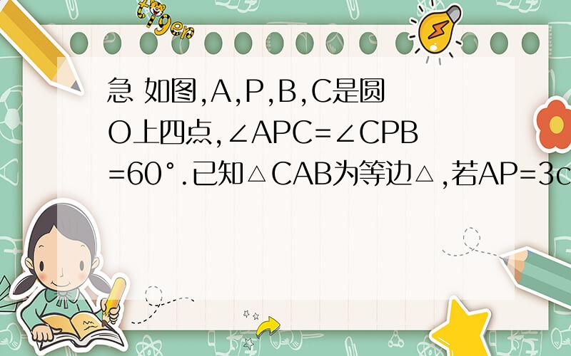 急 如图,A,P,B,C是圆O上四点,∠APC=∠CPB=60°.已知△CAB为等边△,若AP=3cm,BP=5cm,求PC的长