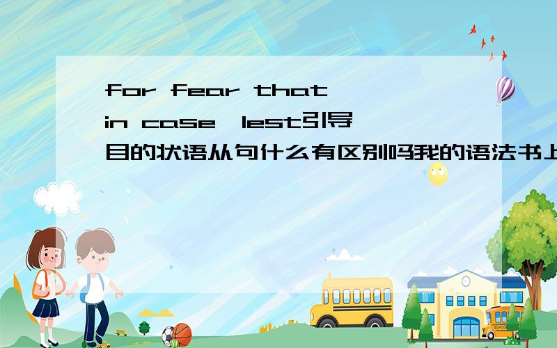 for fear that,in case,lest引导目的状语从句什么有区别吗我的语法书上出现这样两个例子.不知道有什么用法上的区别：The boy hid himself behind the tree in case/for fear that his father should see him.Take your rainco