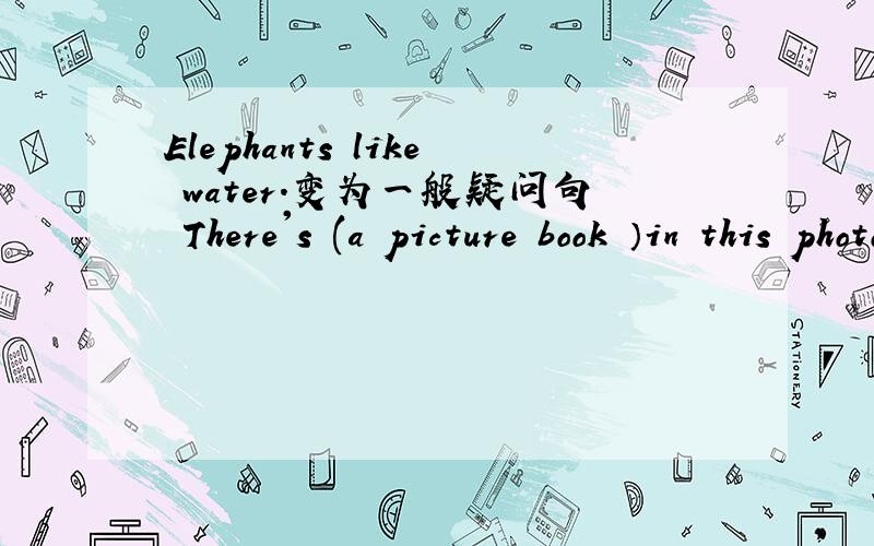 Elephants like water.变为一般疑问句 There's (a picture book ）in this photo.对打括号部分提问do you like play computre games?改正错误sometimes,she,shopping,goes 连词成句