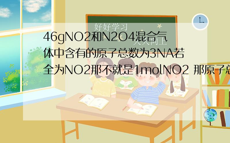 46gNO2和N2O4混合气体中含有的原子总数为3NA若全为NO2那不就是1molNO2 那原子总数不应该是NA吗