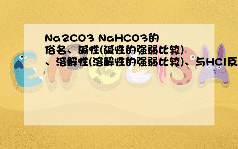 Na2CO3 NaHCO3的俗名、碱性(碱性的强弱比较)、溶解性(溶解性的强弱比较)、与HCl反应、热稳定性?要具体点的.