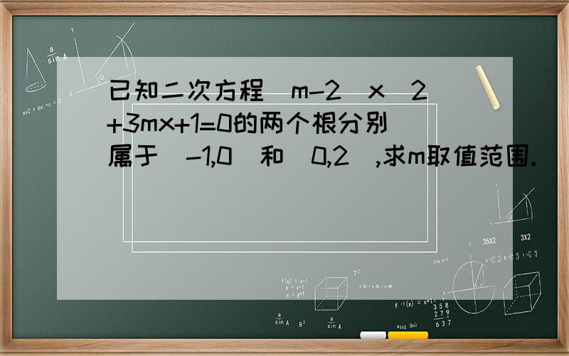 已知二次方程（m-2)x^2+3mx+1=0的两个根分别属于（-1,0）和（0,2）,求m取值范围.