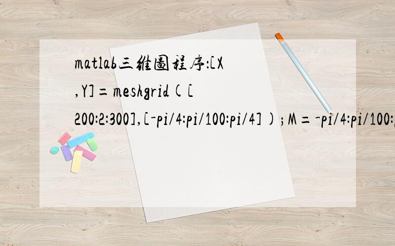 matlab三维图程序：[X,Y]=meshgrid([200:2:300],[-pi/4:pi/100:pi/4]);M=-pi/4:pi/100:pi/4;f=sqrt(1-((1600+(X.*cos(M+pi/4)-0.707*X+40*sin(Y)).^2+(X.*sin(M+pi/4)-0.707*X-40*cos(Y)).^2-(0.707*X-40*sin(Y)).^2-(0.707*X+40*cos(Y)).^2)./(80*X)).^2);Z=(pi/