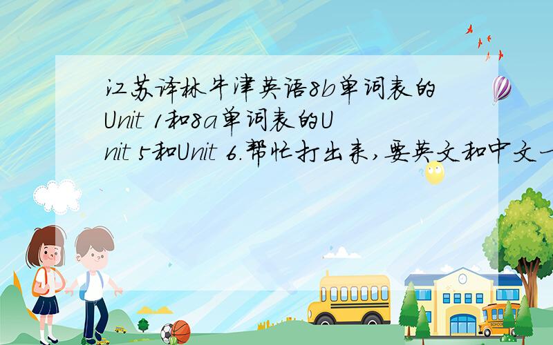 江苏译林牛津英语8b单词表的Unit 1和8a单词表的Unit 5和Unit 6.帮忙打出来,要英文和中文一起的.