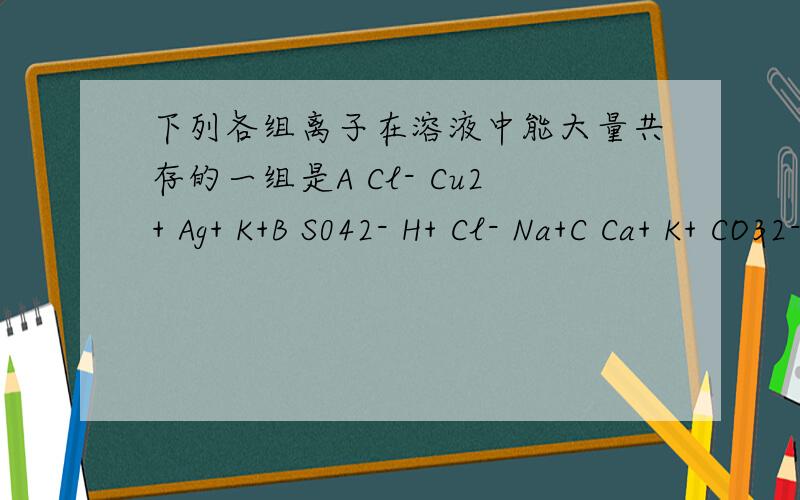 下列各组离子在溶液中能大量共存的一组是A Cl- Cu2+ Ag+ K+B S042- H+ Cl- Na+C Ca+ K+ CO32- Cl-D Ba2+ CU2+ SO42-