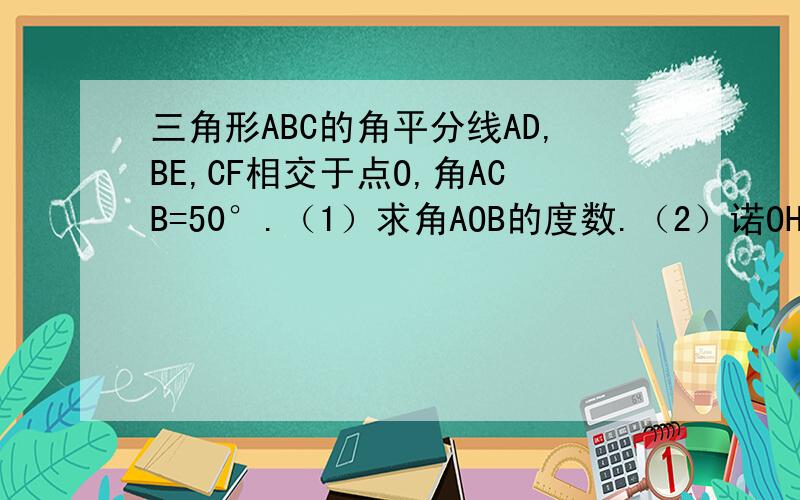 三角形ABC的角平分线AD,BE,CF相交于点O,角ACB=50°.（1）求角AOB的度数.（2）诺OH垂直BC于点H,求角COH的度数