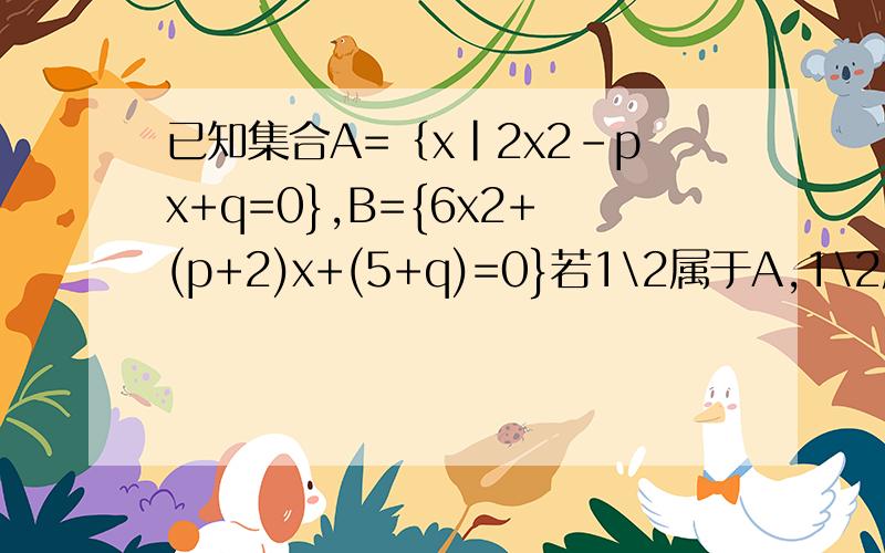 已知集合A=｛x|2x2-px+q=0},B={6x2+(p+2)x+(5+q)=0}若1\2属于A,1\2属于B,求集合A并B