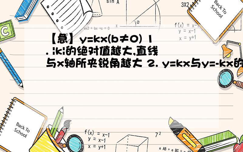 【急】y=kx(b≠0) 1. |k|的绝对值越大,直线与x轴所夹锐角越大 2. y=kx与y=-kx的图像关于x轴、y轴对称 y=ky=kx(b≠0)1.   |k|的绝对值越大,直线与x轴所夹锐角越大2.    y=kx与y=-kx的图像关于x轴、y轴对称y=