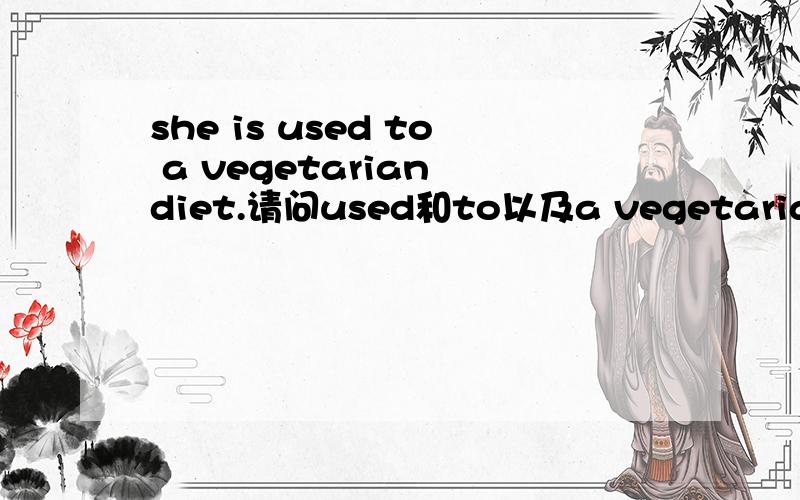 she is used to a vegetarian diet.请问used和to以及a vegetarian diet分别作什么成分呢?